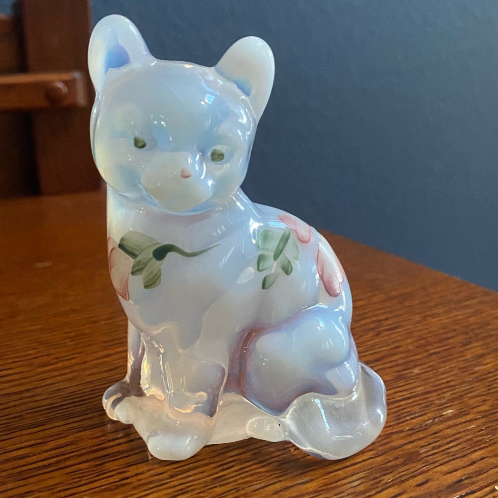 Opalescent Translucent glass Cat Figurine White Clear Pink Flowers Hand Painted